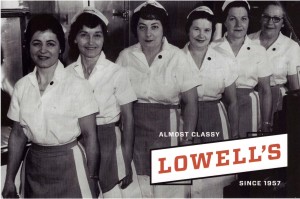 Vintage Lowell's waitresses adorn a modern postcard.