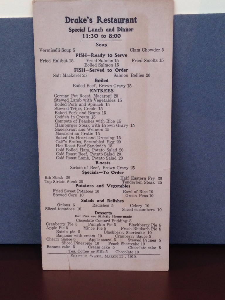 Drake's Restaurant (Seattle) menu for March 11, 1910, Courtesy The Seattle Public Library