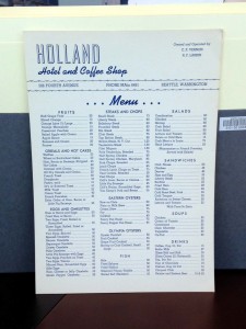 Holland Restaurant (Seattle) menu, Courtesy The Seattle Public Library