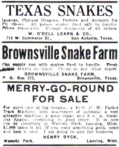 Snakes for sale, The Billboard, 1938.